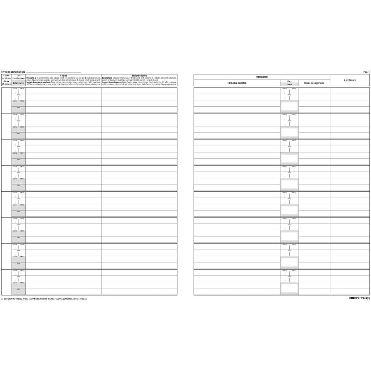 Edipro - registro della clientela ai fini antiriciclaggio per professionisti numerato 1/46 - formato 31 x 24,5