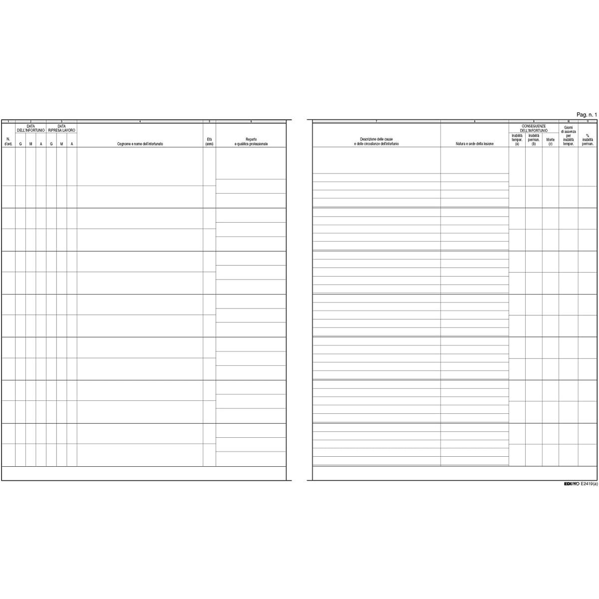 Edipro -  registro infortuni 15 pagine numerate - formato 31 x 24,5 cm