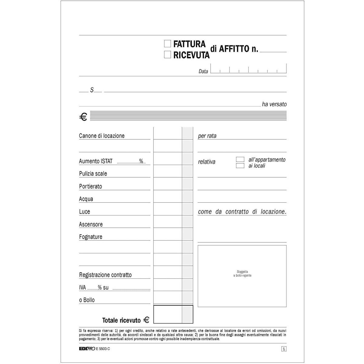 Edipro - blocco ricevuta daffitto 50 x 2 autoricalcante - formato 22 x 14,8 cm