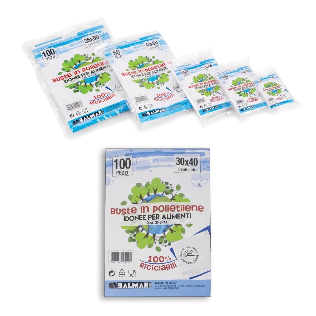 B-pack - buste polietilene idonee per alimenti, riciclabili e multiuso -  formato 30 x 40 cm - confezione da 100 pz con zip richiudibile