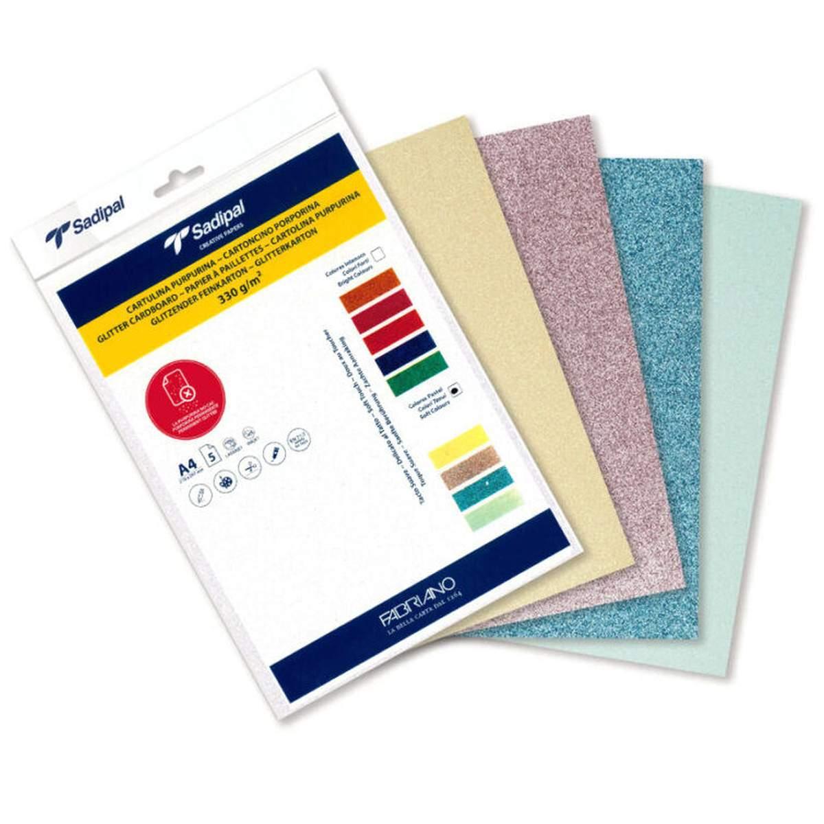 Cartoncino glitter - 330 gr - formato a4 - confezione 5 colori tenui