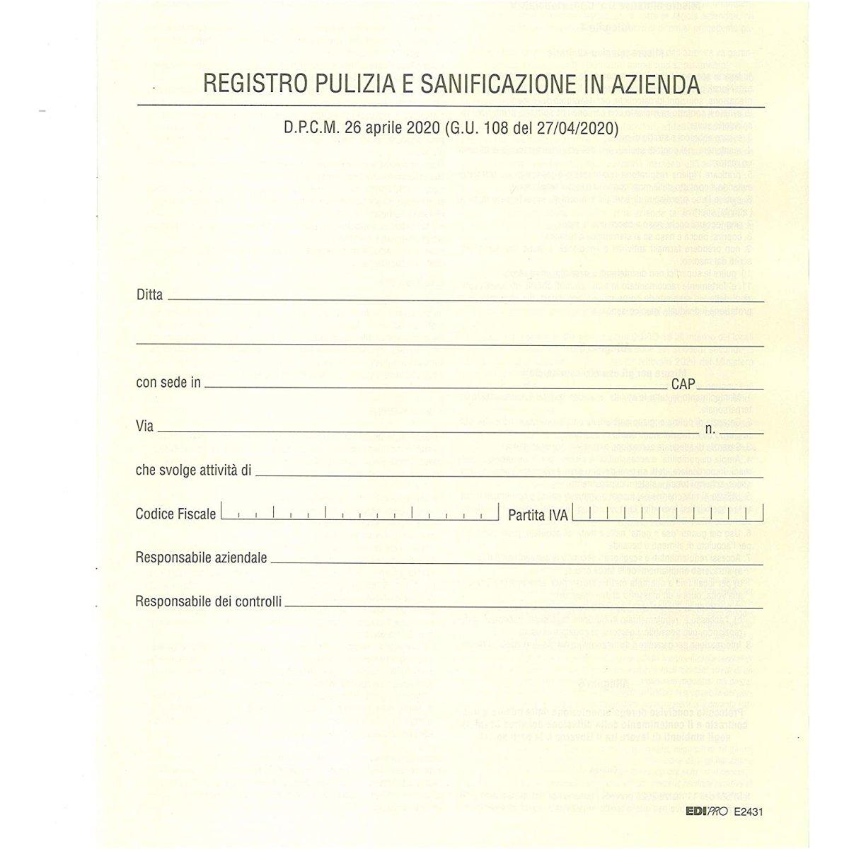 Edipro - registro di pulizia e sanificazione in azienda 40 pagine - formato 31 x 24,5 cm