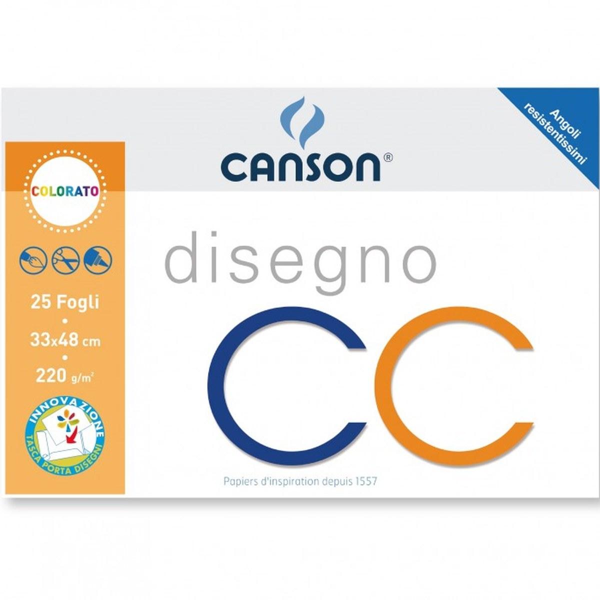 Canson - album disegno cc monoruvido colori assortiti (verde - rosso - giallo - nero - blu) - formato 33 x 48 cm -  25 fogli - carta 220 gr - 4 angoli