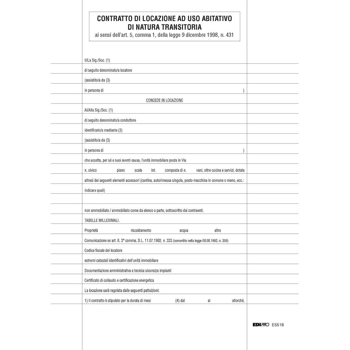 Edipro - contratto locazione transitorio - formato 29,7 x 21 cm
