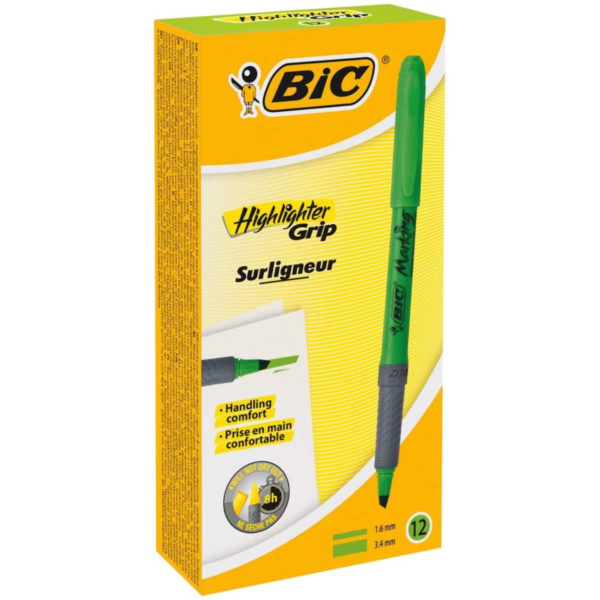 Bic highlighter grip - evidenziatore con inchiostro fluorescente a base d'acqua - punta a scalpello da 1,6 mm per sottolineare e da 3,3 mm per una sottolineatura piÙ ampia