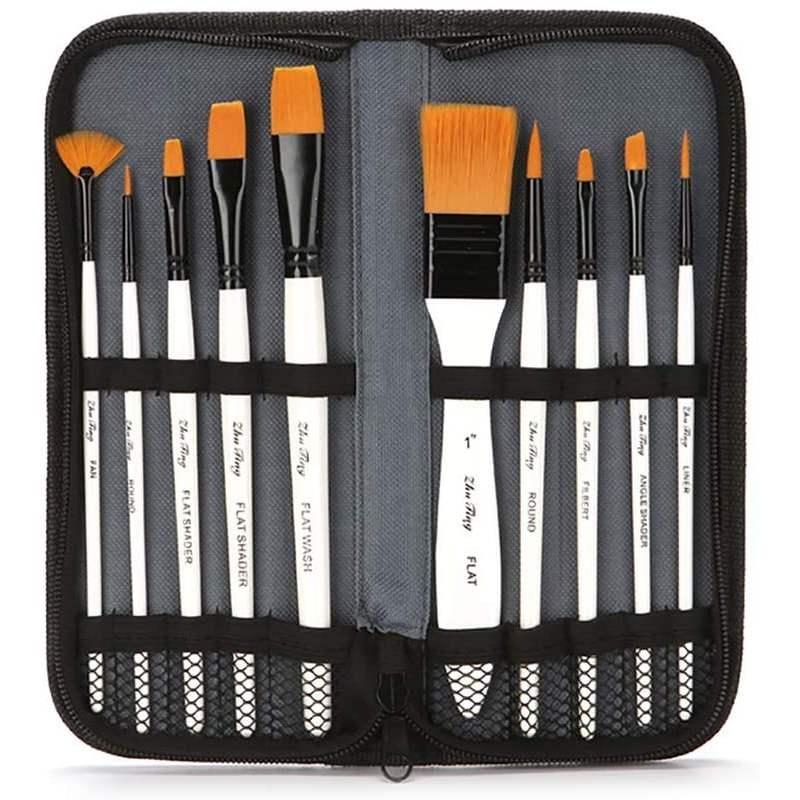 Dom - set 10 pennelli assortiti, per acrilico. astuccio zip perfetto per i viaggi, aiuta a conservare meglio i pennelli.