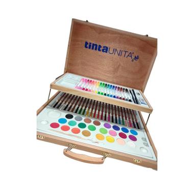 Tintaunita - valigetta in legno 2 piani 66 pz - pastelli a matita brush pen e acquerelli
