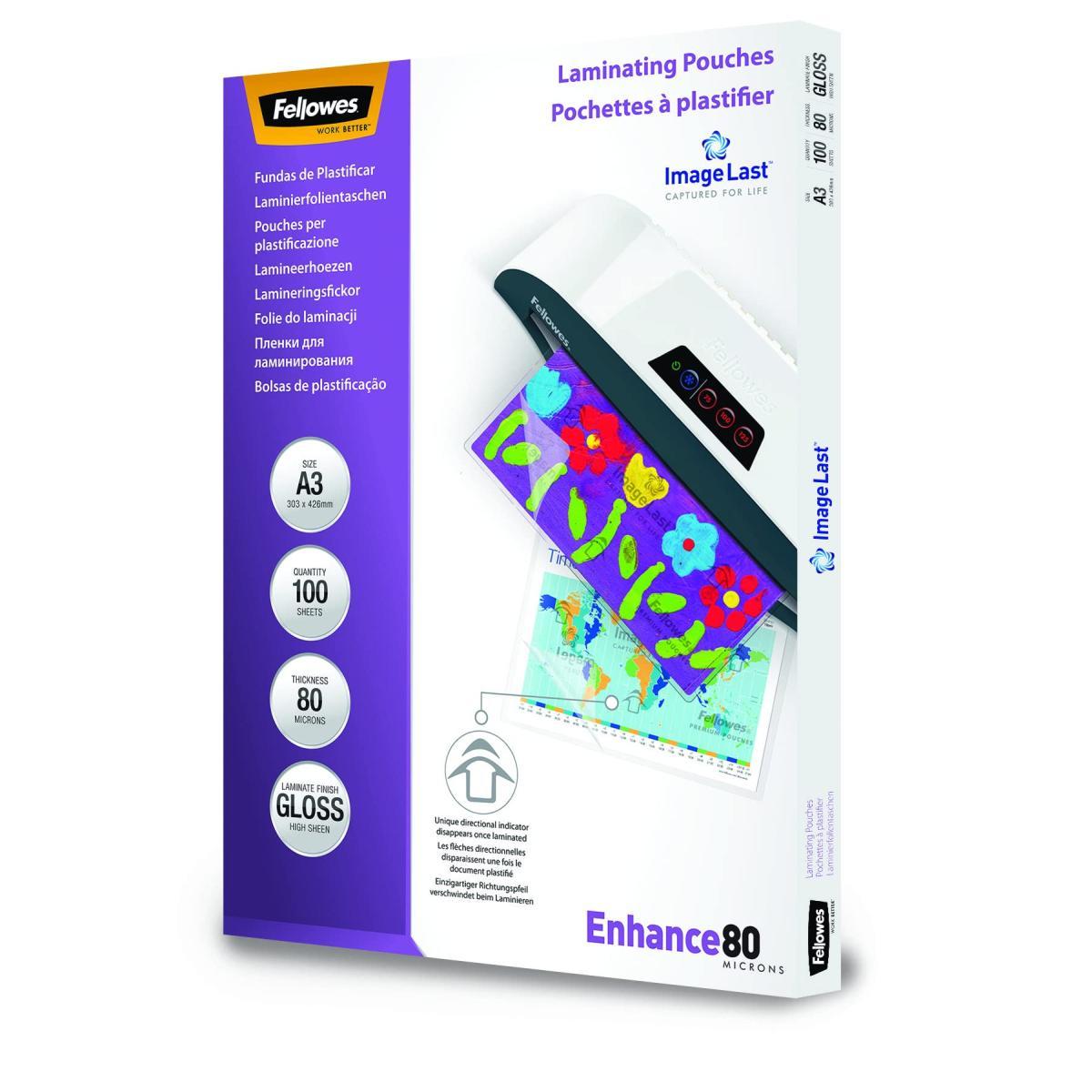 Fellowes - pouches di plastificazione per documenti, formato a3, 80 micron - confezione da 100 fogli