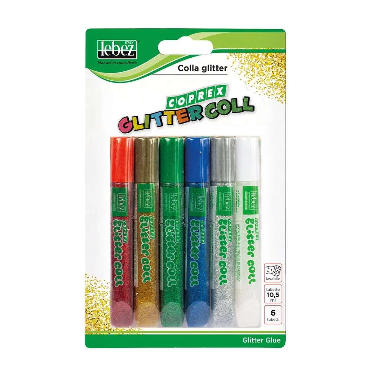 Lebez - coprex glitter colla classica in tubetto da 10,5 ml. blister da 6 pezzi.