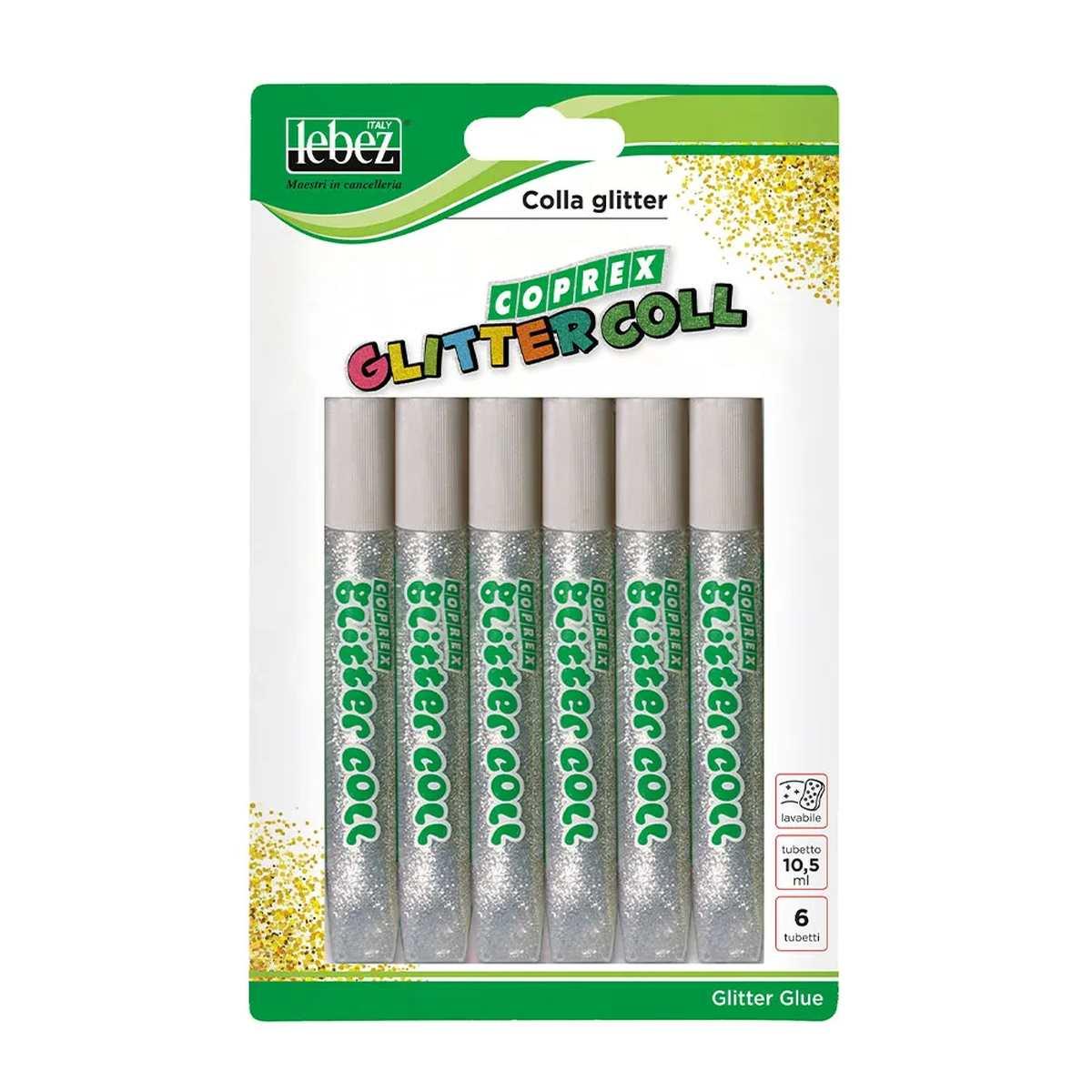 Lebez - coprex glitter colla classica in tubetto da 10,5 ml. blister da 6 pezzi.