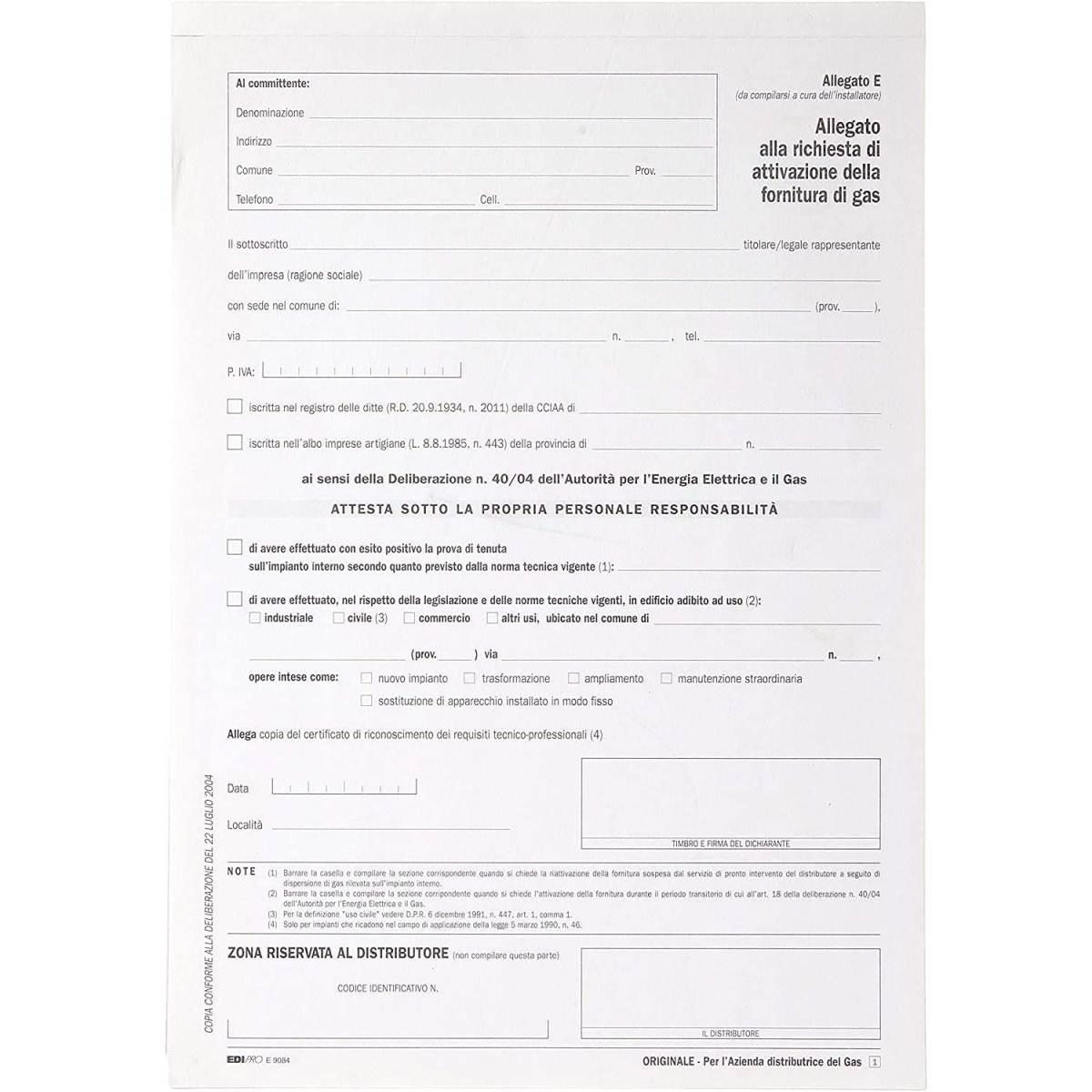 Edipro - attestato dell'installatore per impianti a gas (allegato e) - formato 29,7 x 21 cm - blister da 100 pz