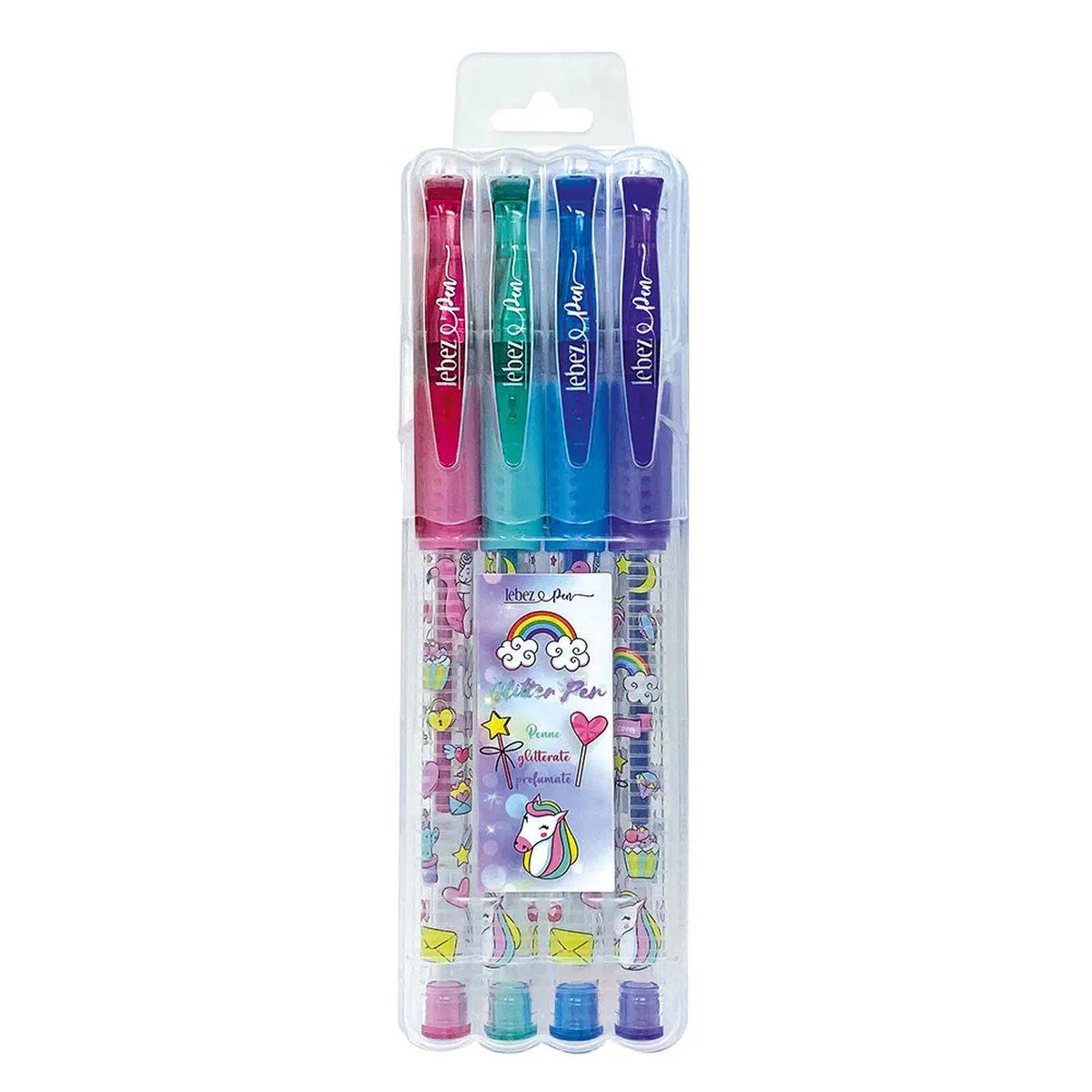 Lebez - penna gel pets con inchiostro glitterato profumato. set appendibile da 4 pezzi