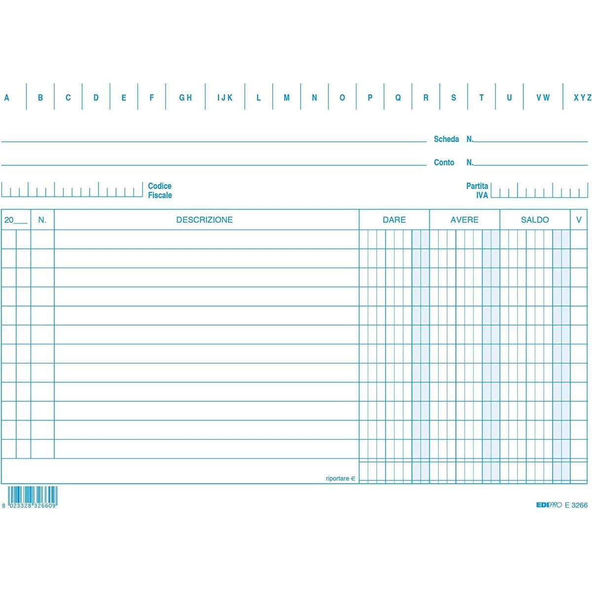 Edipro - scheda dare/avere/saldo - 15 x 21 cm - 100 pz. - blu