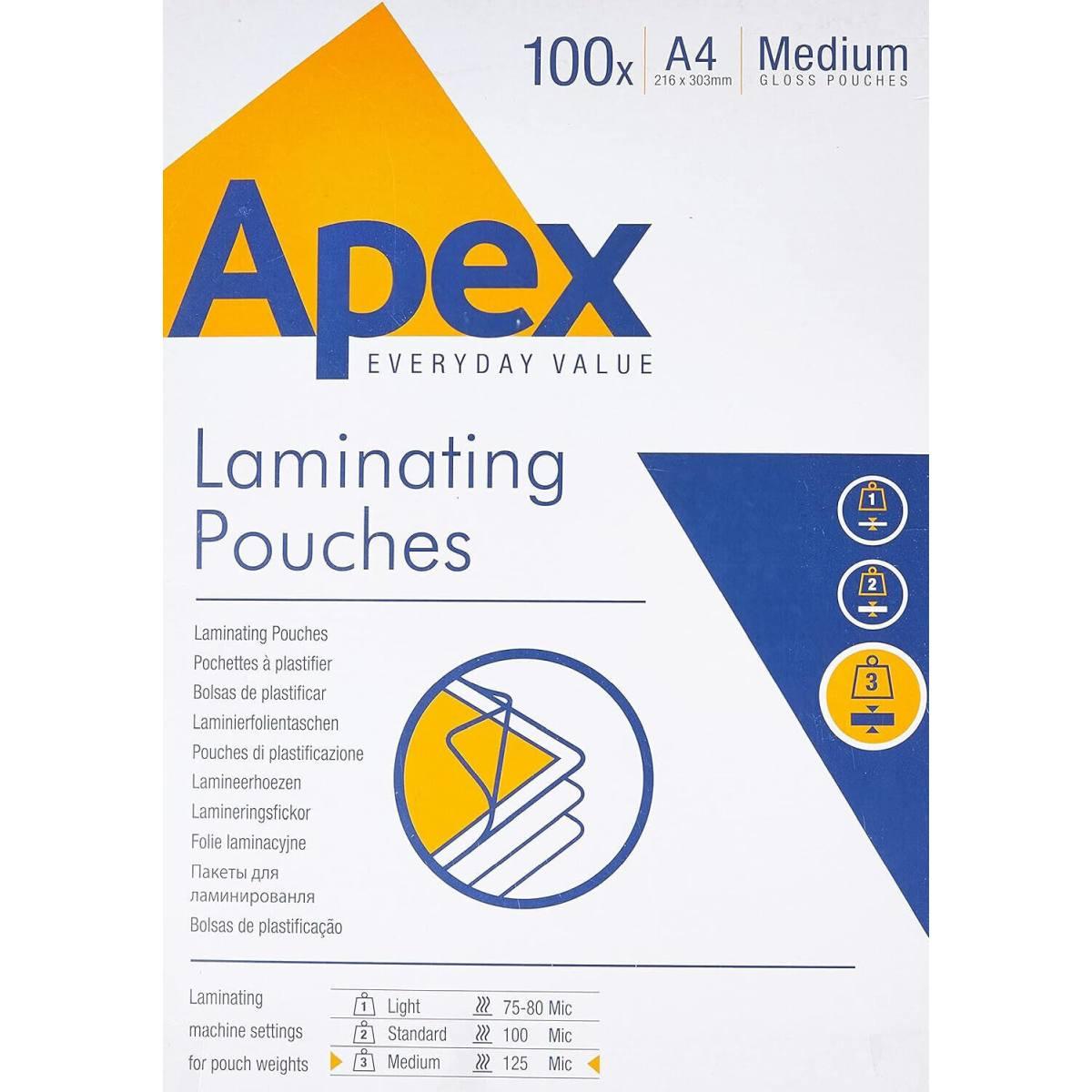 Apex laminating pouch - a4 (216 x 303 mm) - 125 mic - 100 fg