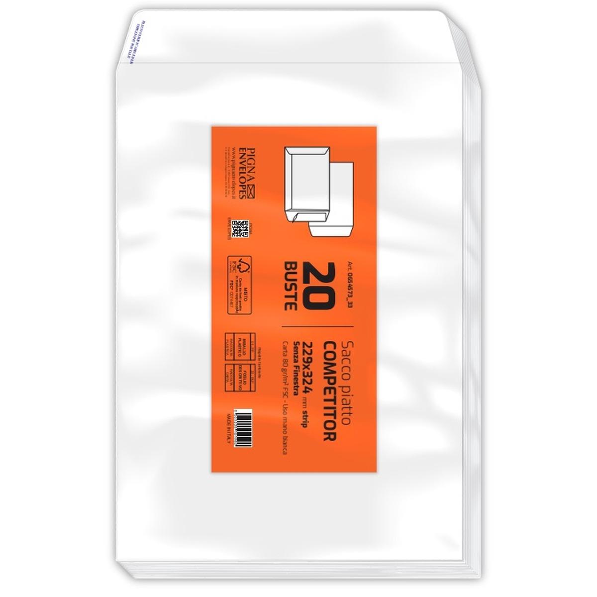 Buste a sacco fondo piatto 229 x 324 mm competitor strip 80 gr - pack 20 pz