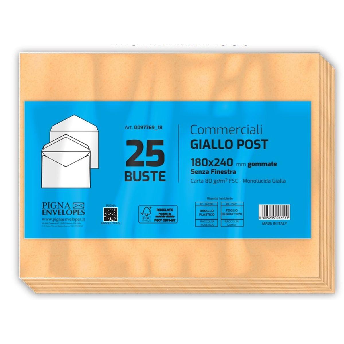 Buste commerciali giallo post senza finestra - 180 x 240 mm - 80 gr - pack 25 pz