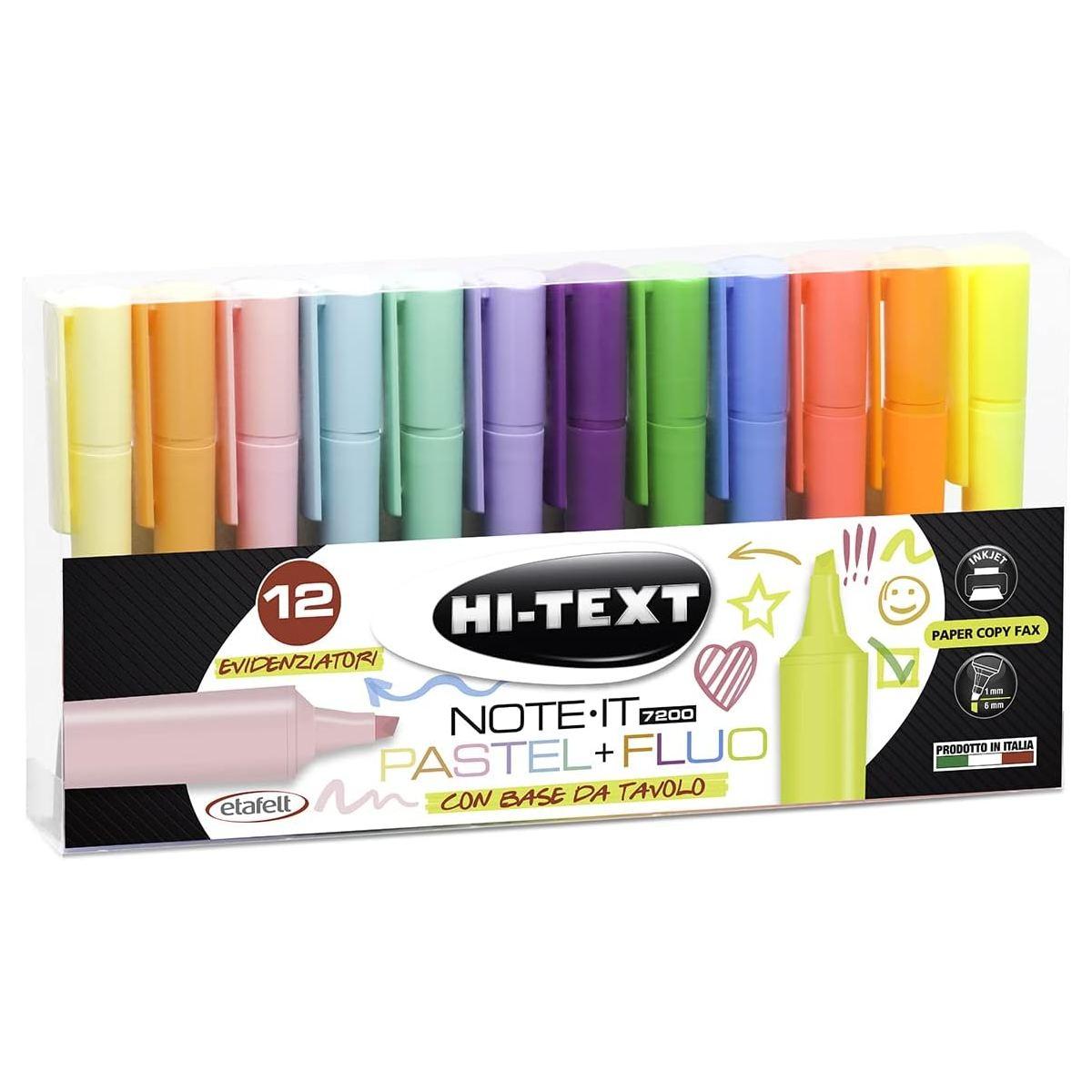 Hi-text evidenziatori 7200 note-it - desk 12 pz  - punta scalpello - colori pastello e fluo
