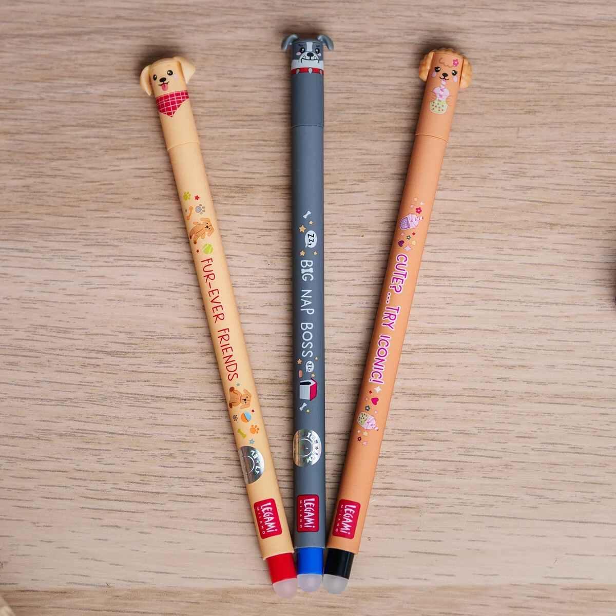 Legami set di 3 penne cancellabili - fur-ever friends - golden + bulldog + poodle