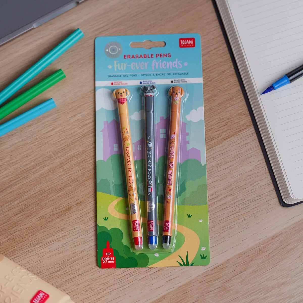 Legami set di 3 penne cancellabili - fur-ever friends - golden + bulldog + poodle