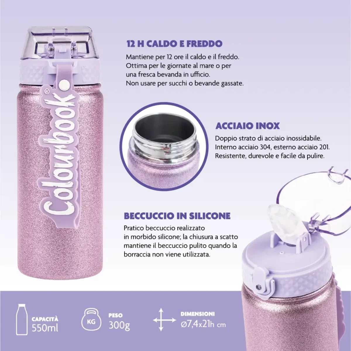 Borraccia termica glitter colourbook 550 ml