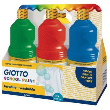 Giotto school paint - schoolpack da 6 x 1000ml (bianco / giallo / rosso / verde / ciano / nero)