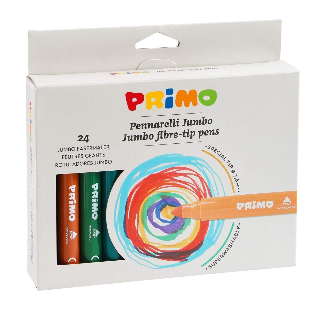 Primo - pennarelli jumbo - punta grossa - pennarelli in scatola di cartone da 24 colori brillanti e luminosi - punta grossa Ø 7.6mm - pennarelli lavabili per bambini