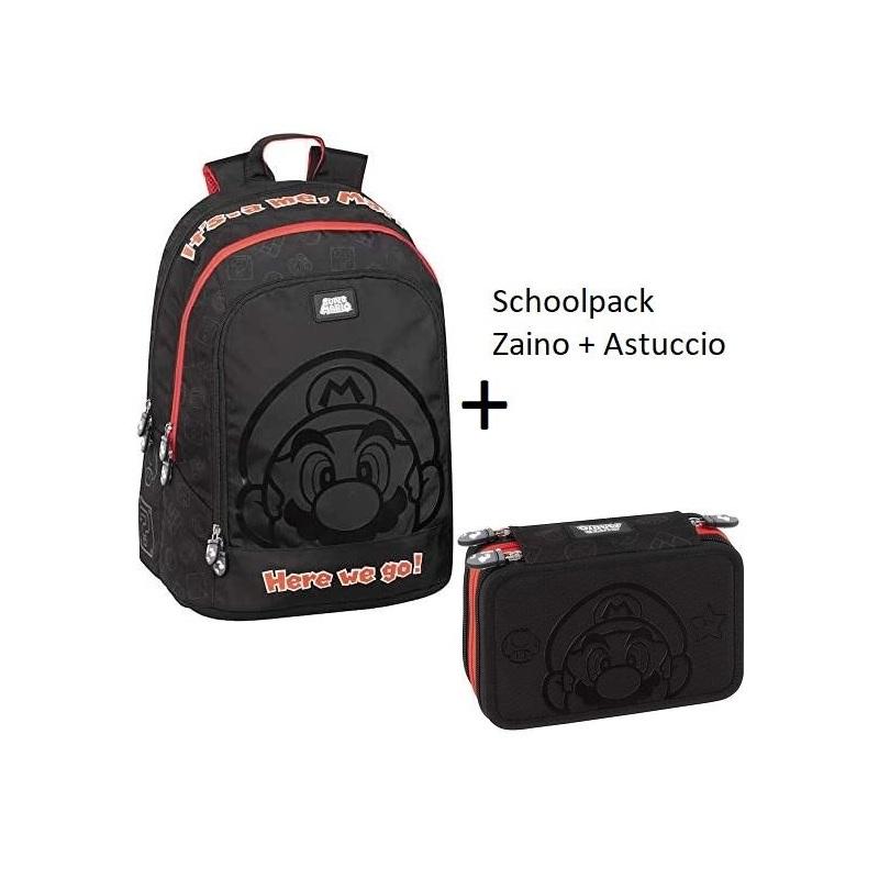 School pack super mario black zaino organizzato + 3 zip